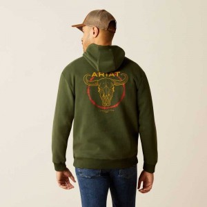 Ariat Barbwire Skull Hoodie Dark Green | 968TXRYQM