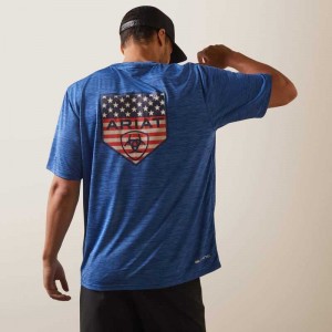 Ariat Charger Proud Shield T-Shirt Blue | 096VXYDBS