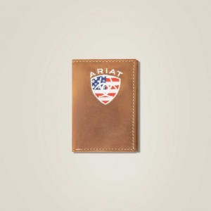 Ariat Flag Shield Trifold Wallet Brown | 036MPHZWY