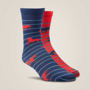 Ariat Horses Over Stripes Crew Sock 2 Pair Multi Color Pack Red / Navy | 679JTGEUX