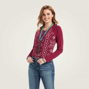 Ariat REAL Printed Henley Shirt Multicolor / Red | 496WVUHCS