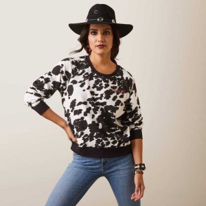 Ariat Real Hide Crew Sweatshirt Holstein Cow Print | 809AWEKFI