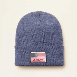 Ariat Rebar American Flag Patch Beanie Blue | 795DVZFJQ