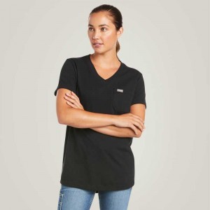 Ariat Rebar Cotton Strong V-Neck T-Shirt Black | 729XDOWKN