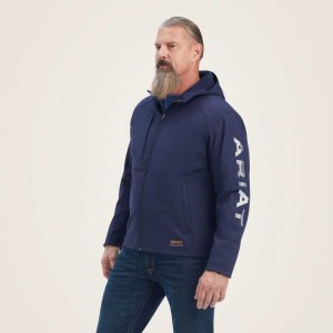 Ariat Rebar Stretch Canvas Softshell Hooded Logo Jacket Navy / Grey | 351AUSVZD