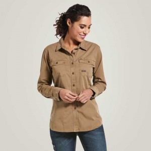 Ariat Rebar Washed Twill Work Shirt Khaki | 093FVSNZP