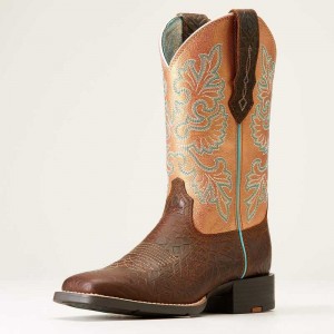 Ariat Round Up Wide Square Toe StretchFit Western Boot Toasted Blanket Emboss | 639ULDZFM