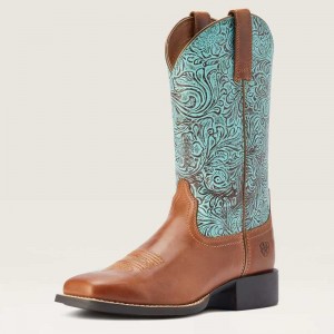 Ariat Round Up Wide Square Toe Western Boot Brown | 897ZDNFCU