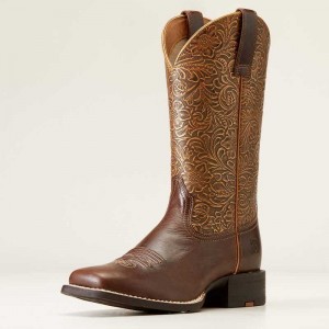 Ariat Round Up Wide Square Toe Western Boot Brown | 167DOMGBY