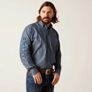 Ariat Team Logo Chambray Classic Fit Shirt Blue | 506NYIDGM