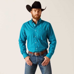 Ariat Wrinkle Free Gael Fitted Shirt Blue | 704OYTIFJ