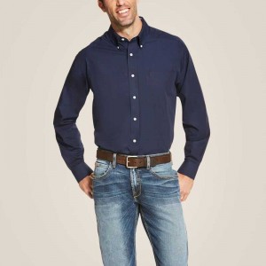 Ariat Wrinkle Free Solid Shirt Navy Blue | 675JLYBOU