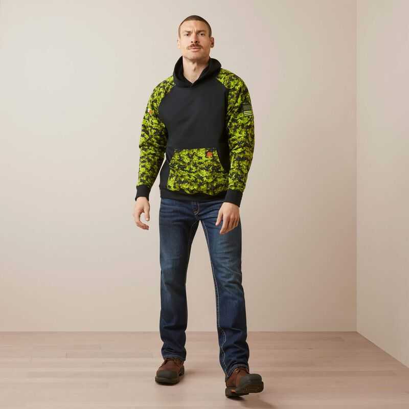 Ariat FR DuraStretch Patriot Hoodie Black / Light Green Camo | 617EWQTIS