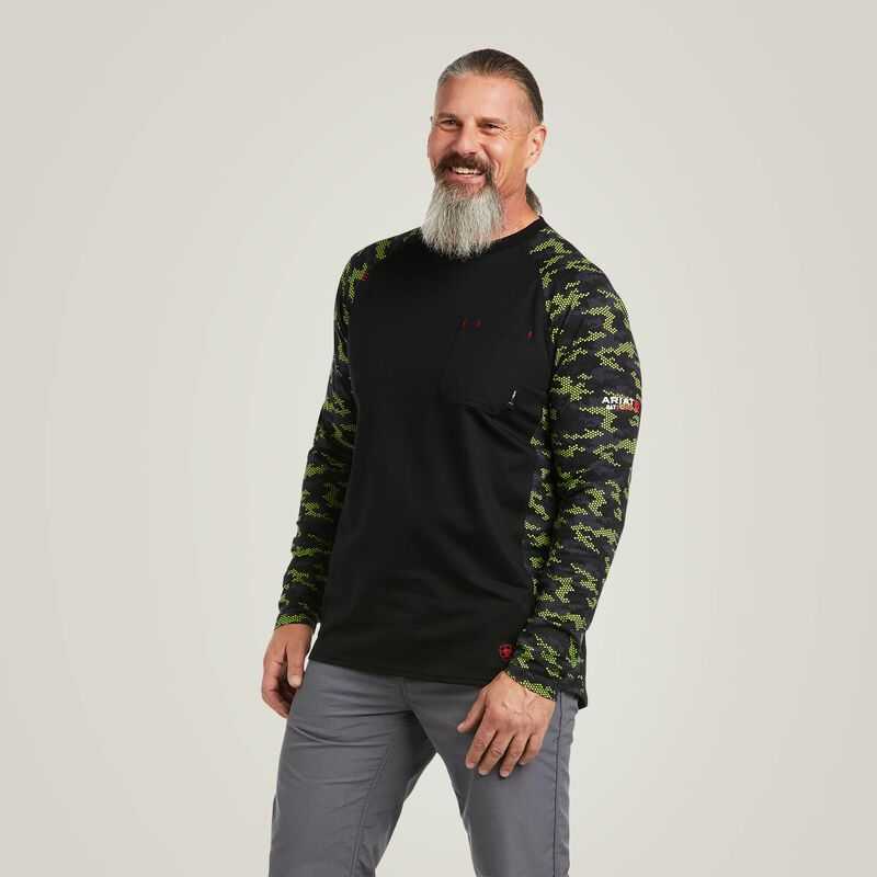 Ariat FR Stretch Camo Baseball T-Shirt Black / Light Green Camo | 314FSBKYV