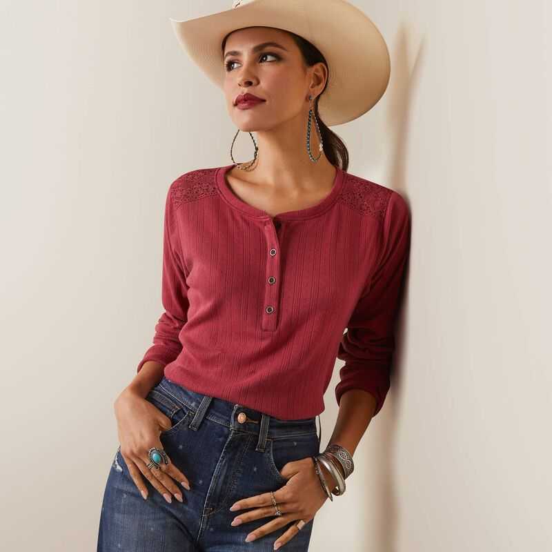 Ariat Pointelle Henley Top Red | 958XLPJFS