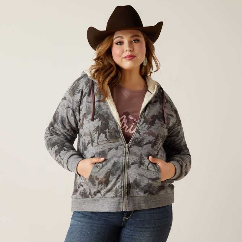 Ariat REAL Sherpa Full Zip Hoodie Misty Horse Print | 805LSFNDB