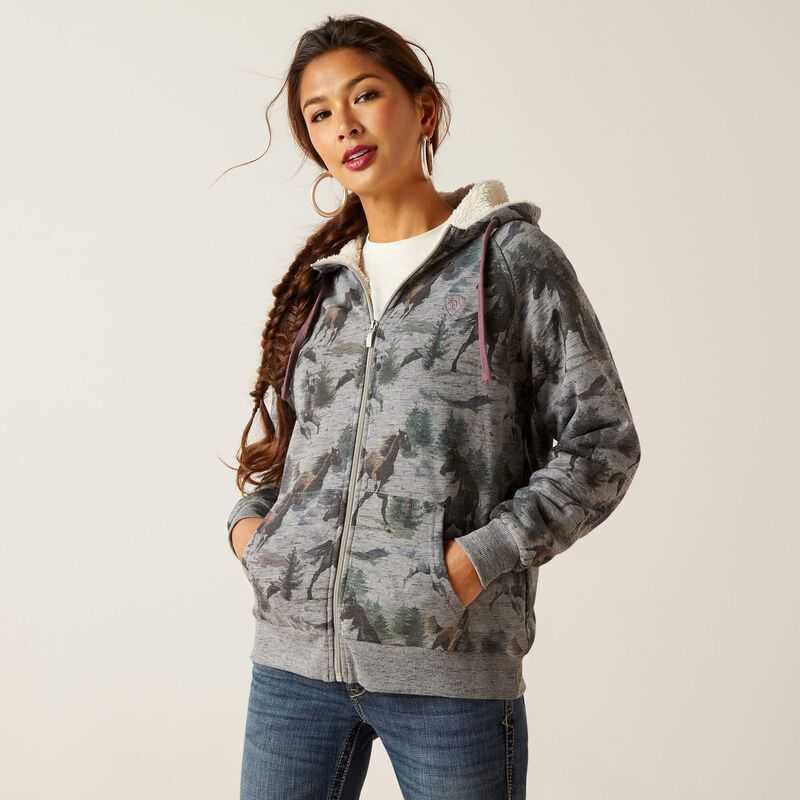 Ariat REAL Sherpa Full Zip Hoodie Misty Horse Print | 805LSFNDB