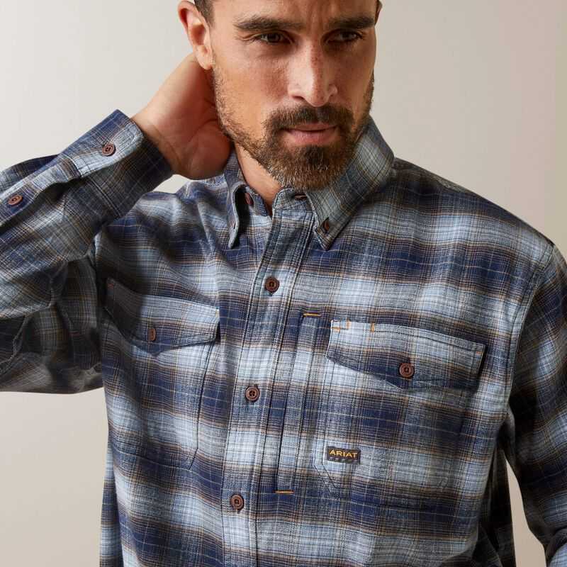 Ariat Rebar Flannel DuraStretch Work Shirt Blue Khaki | 927QBZUJG