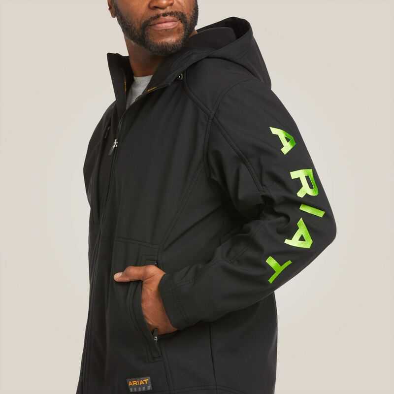 Ariat Rebar Stretch Canvas Softshell Hooded Logo Jacket Black / Light Green | 239NLMBCD