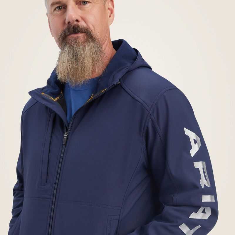 Ariat Rebar Stretch Canvas Softshell Hooded Logo Jacket Navy / Grey | 351AUSVZD