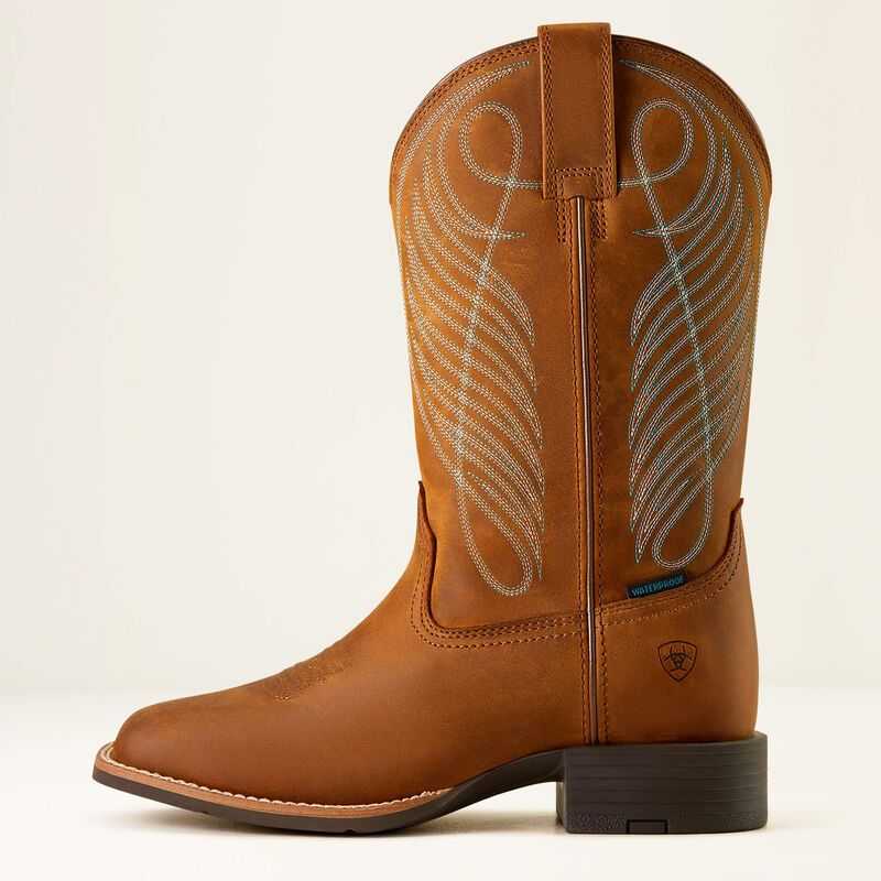 Ariat Round Up Wide Square Toe Waterproof Western Boot Brown | 562SMZCHQ