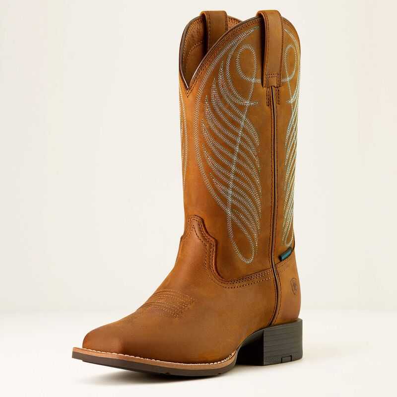 Ariat Round Up Wide Square Toe Waterproof Western Boot Brown | 562SMZCHQ