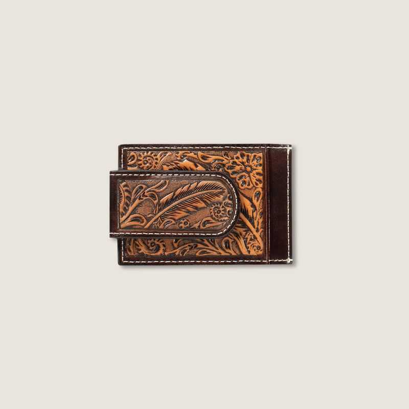 Ariat Tooled Feather Money Clip Brown | 498ZVOPGD