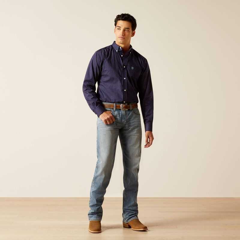 Ariat Wrinkle Free Wells Fitted Shirt Navy | 540YEKPNV