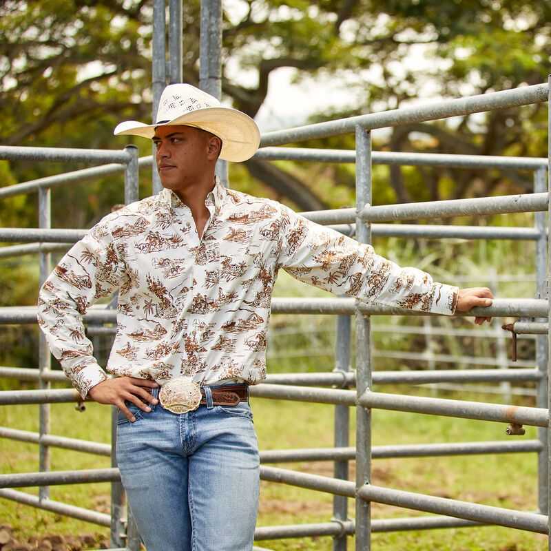 Ariat Wrinkle Resist Paniolo Western Aloha Stretch Classic Fit Shirt Brown | 591XMAZTH