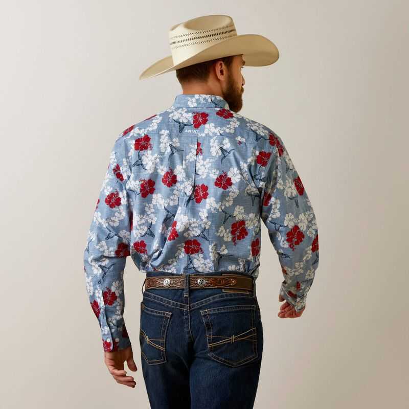 Ariat Wrinkle Resist Red White and Blue Pareau Western Aloha Stretch Classic Fit Shirt Blue | 298KNGFHM