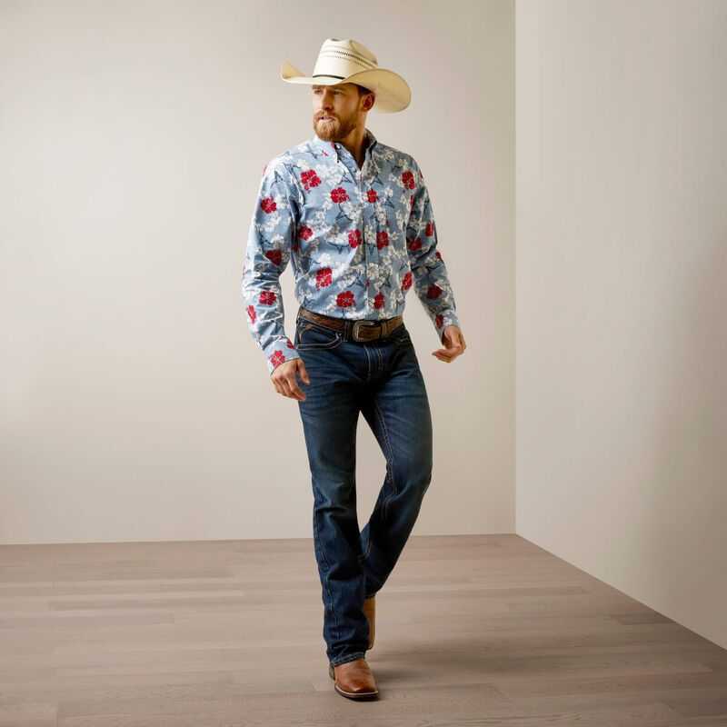 Ariat Wrinkle Resist Red White and Blue Pareau Western Aloha Stretch Classic Fit Shirt Blue | 298KNGFHM