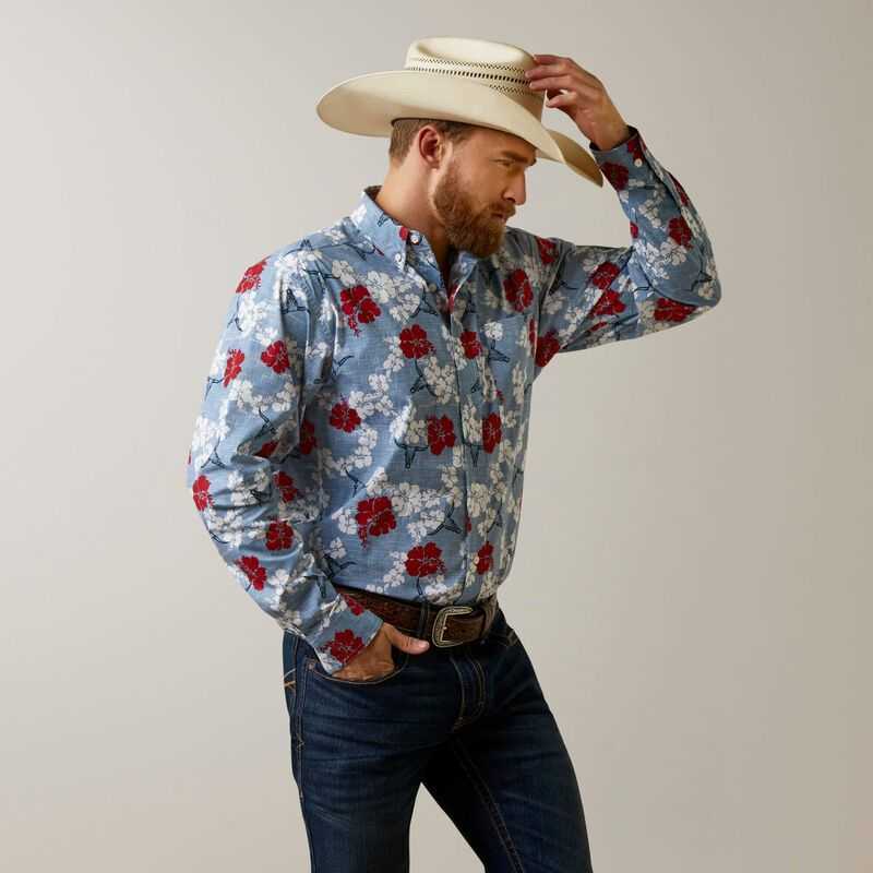 Ariat Wrinkle Resist Red White and Blue Pareau Western Aloha Stretch Classic Fit Shirt Blue | 298KNGFHM